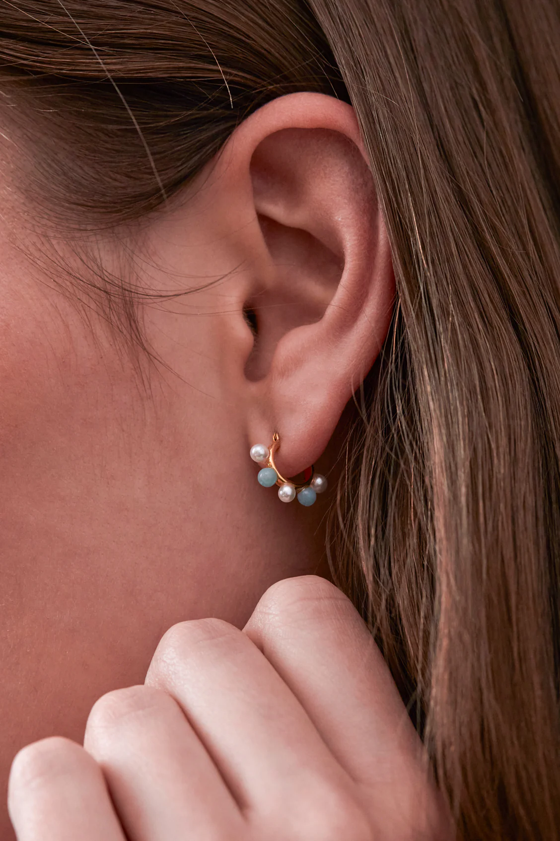 Blue Gemstone And Pearl Bead Hoops - Image 2