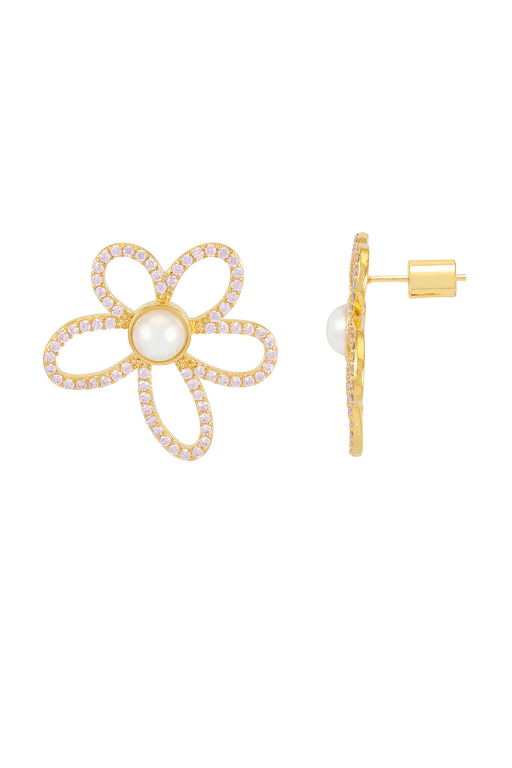 Pink Tennis Chain and Pearl Flower Earrings - Image 3