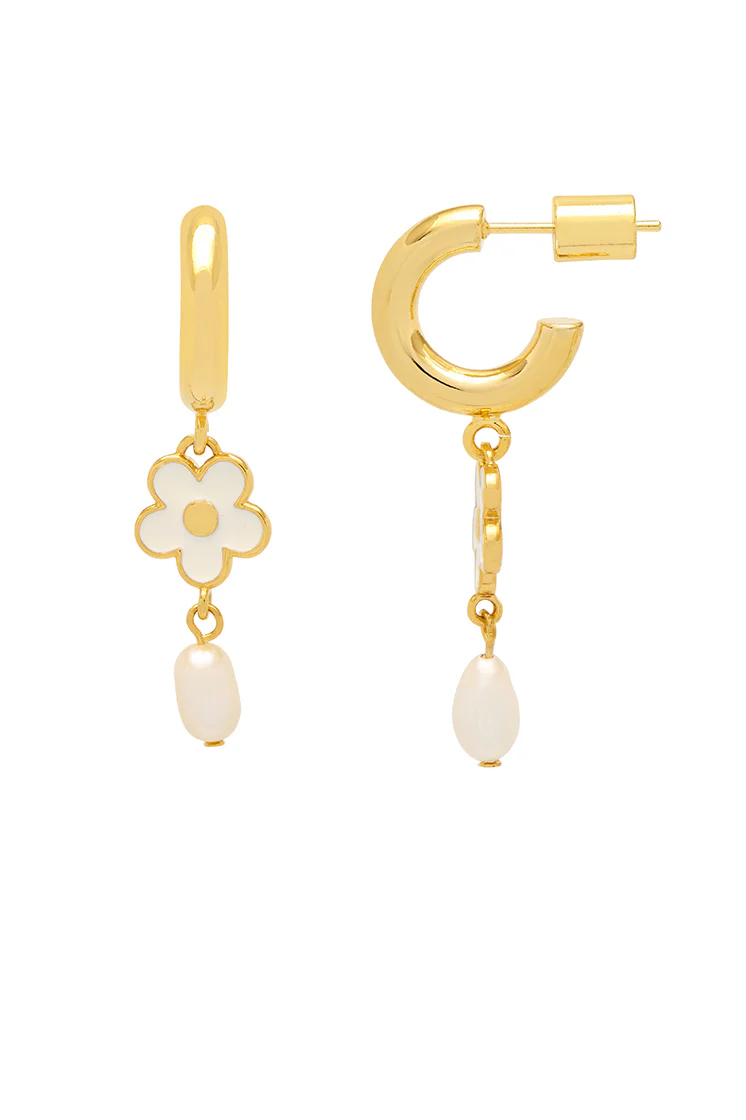 Enamel Flower Pearl Drop Hoops - Image 3