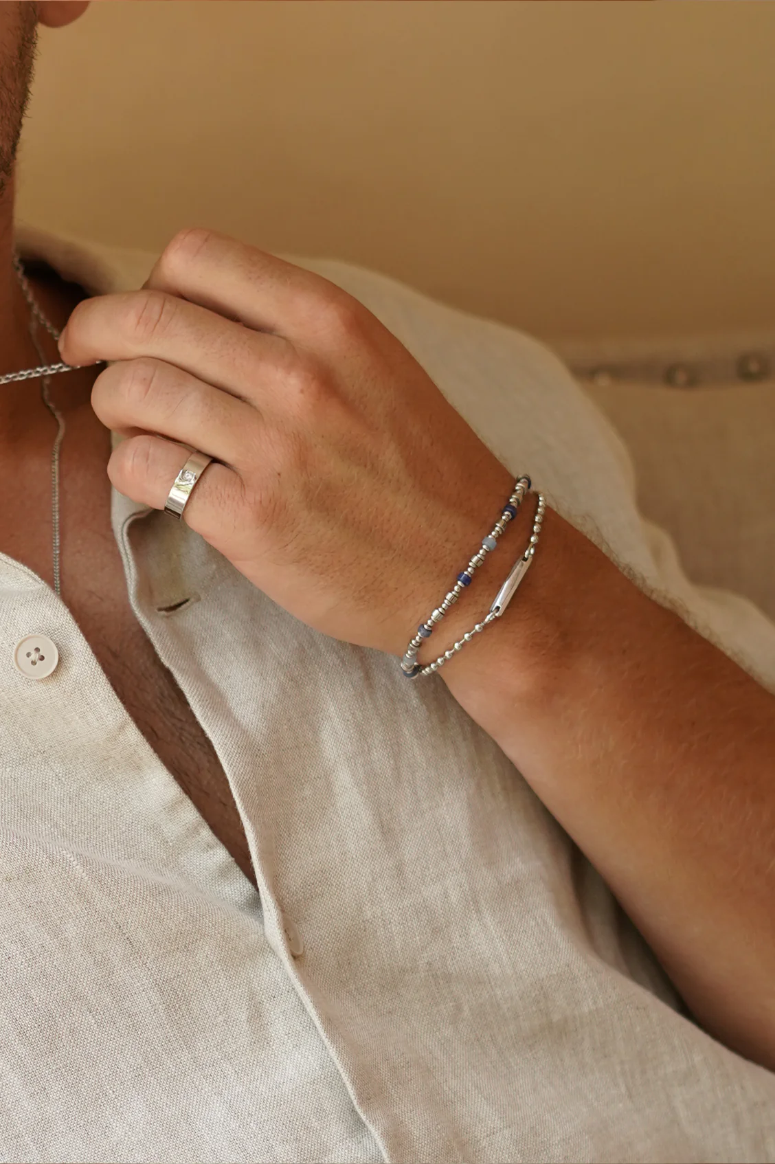 Men's Black and Blue Gemstone Rondelle Stretch Bracelet - Image 2