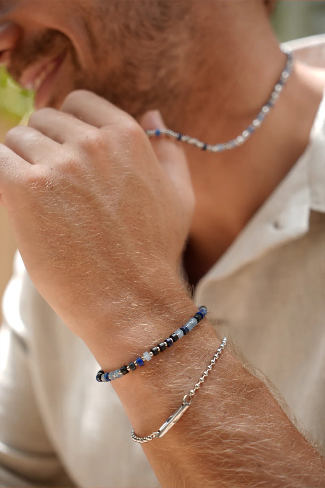 Men's Black and Blue Gemstone Rondelle Stretch Bracelet - Image 3