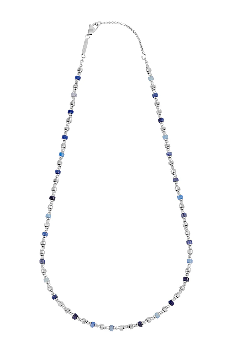 Men's Blue Gemstone and Metal Bead Necklace - Image 3