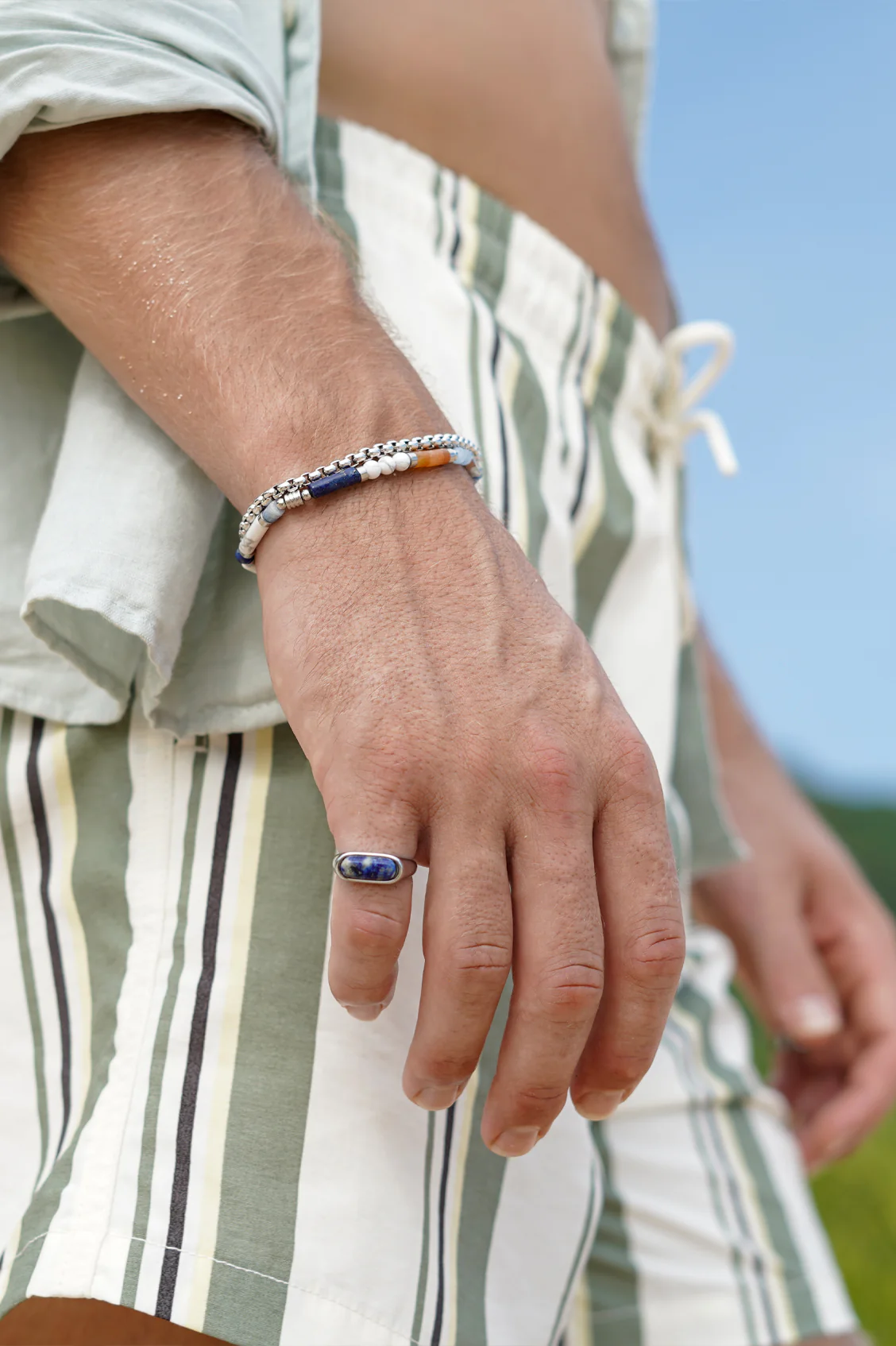 Men's Blue, Orange and White Gemstone Bead Bracelet - Image 2
