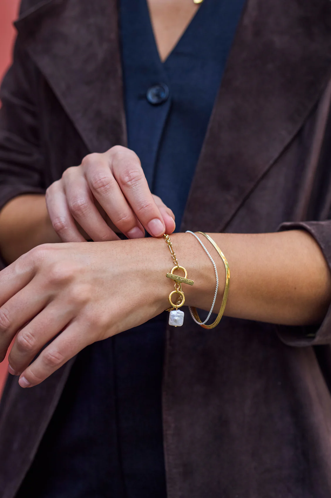 Mixed Metal Herringbone Chain Double Bracelet - Image 2