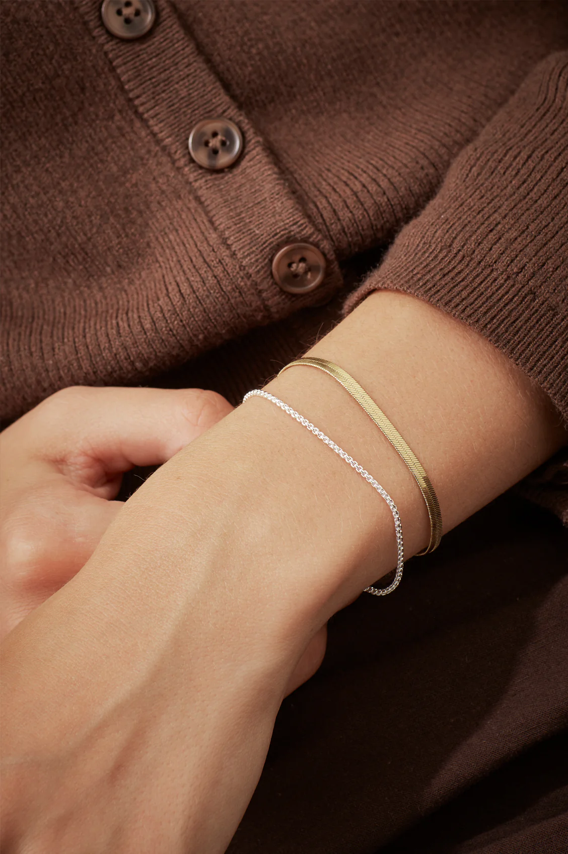Mixed Metal Herringbone Chain Double Bracelet - Image 5