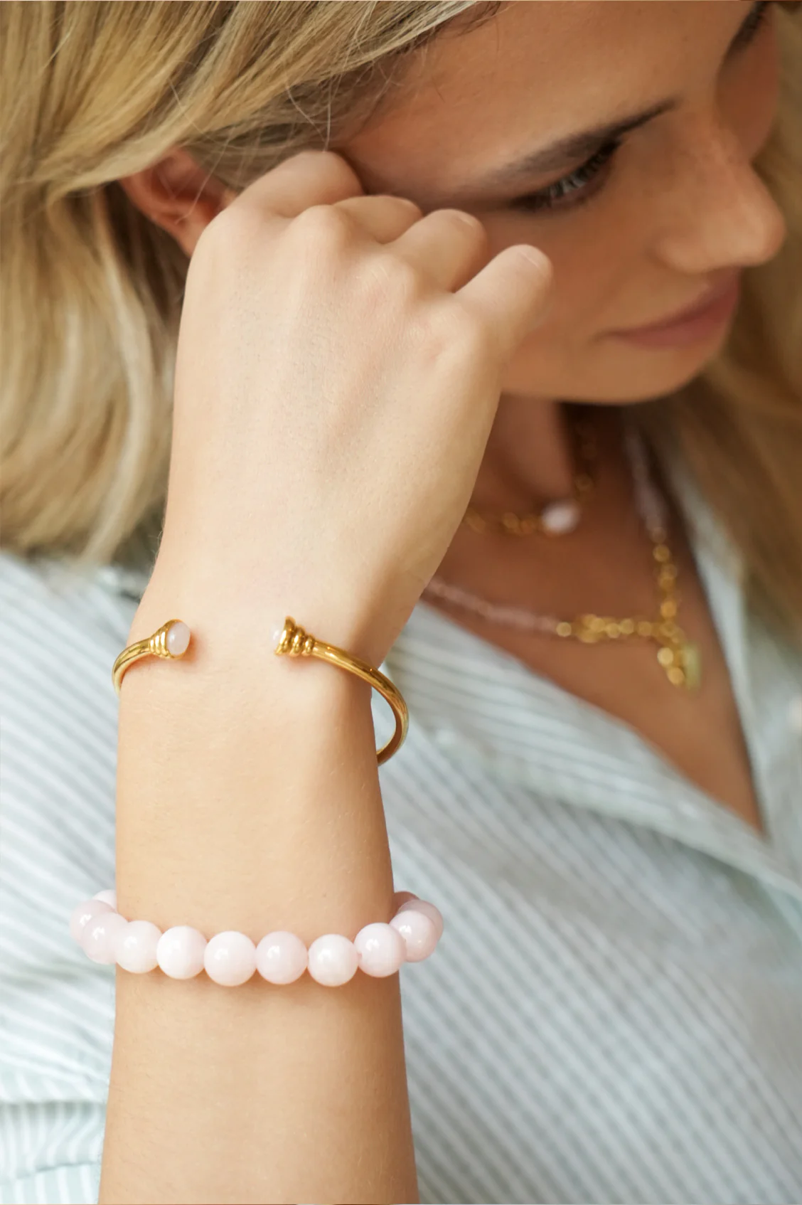 Chunky Rose Quartz T-Bar Bracelet - Image 2