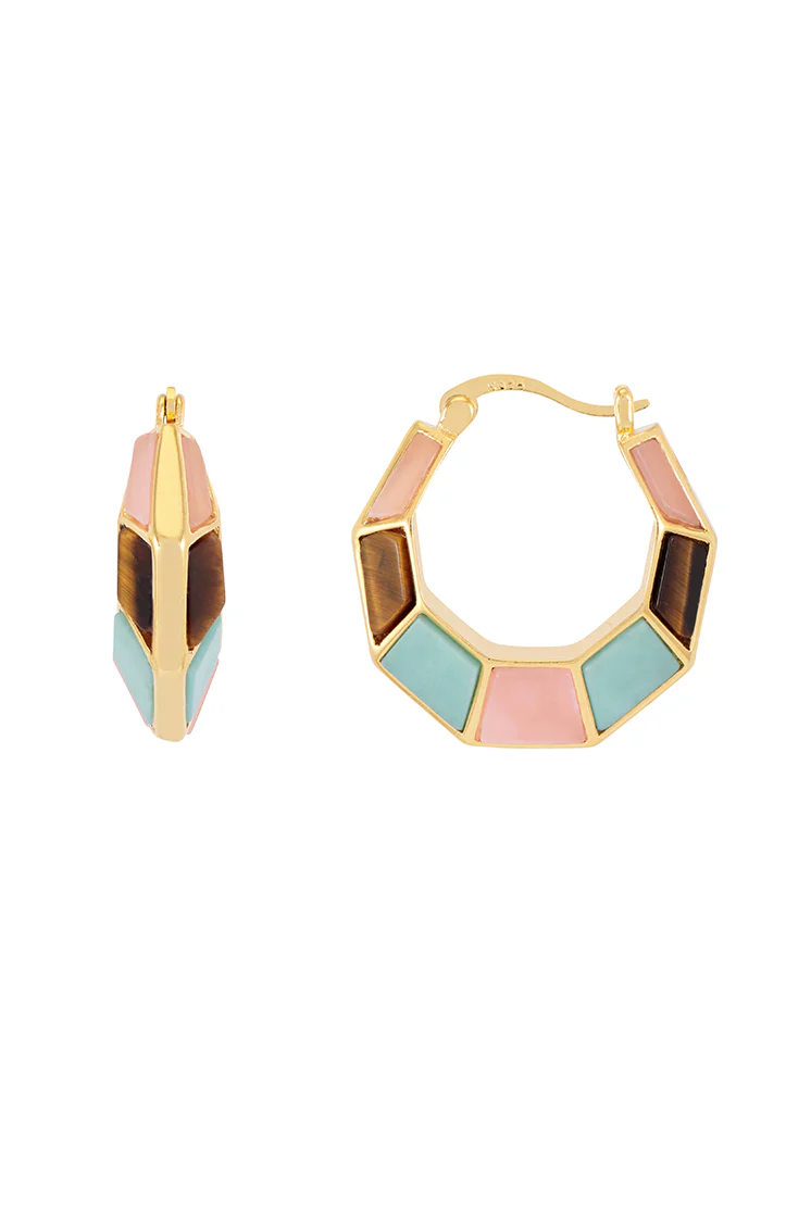 Mixed Gemstone Octagon Hinge Hoop Earrings - Image 3