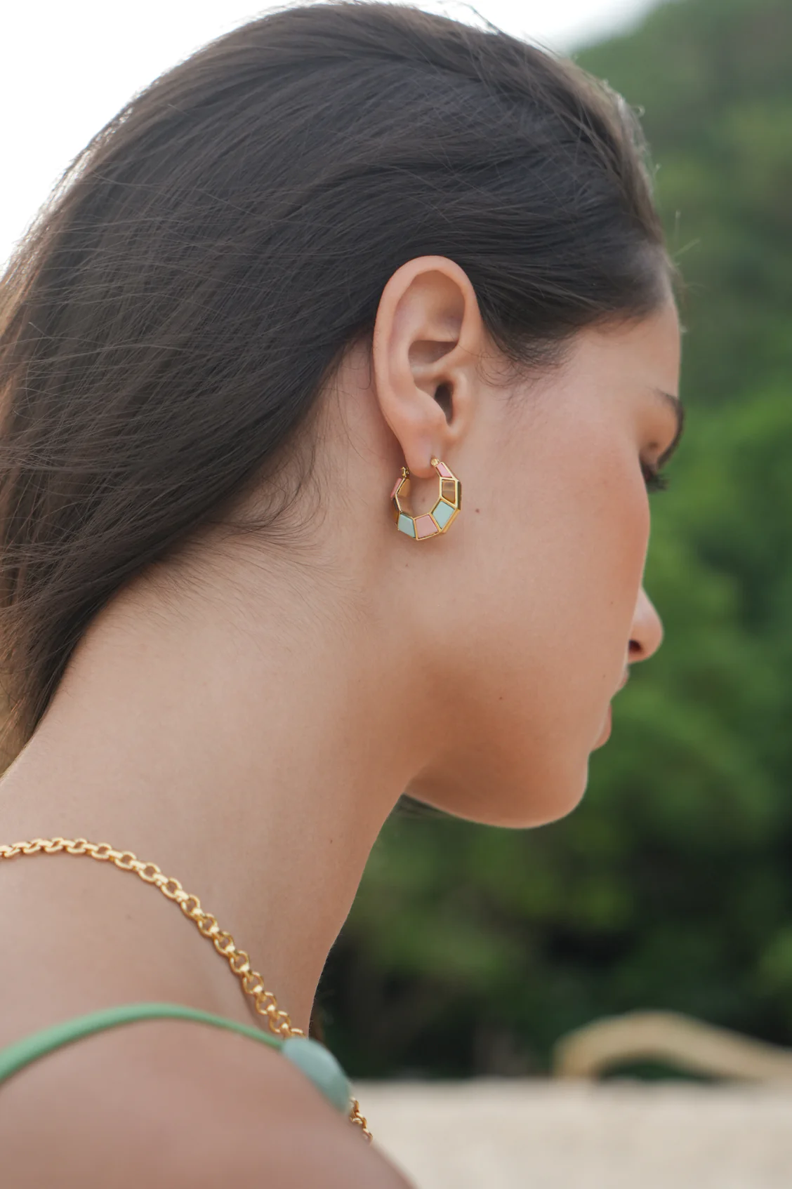 Mixed Gemstone Octagon Hinge Hoop Earrings - Image 5